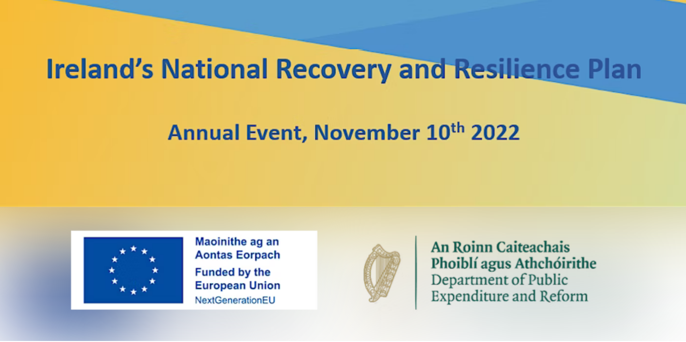Image with text: Ireland's National Recovery and Resilience Plan annual event, November 10th 2022