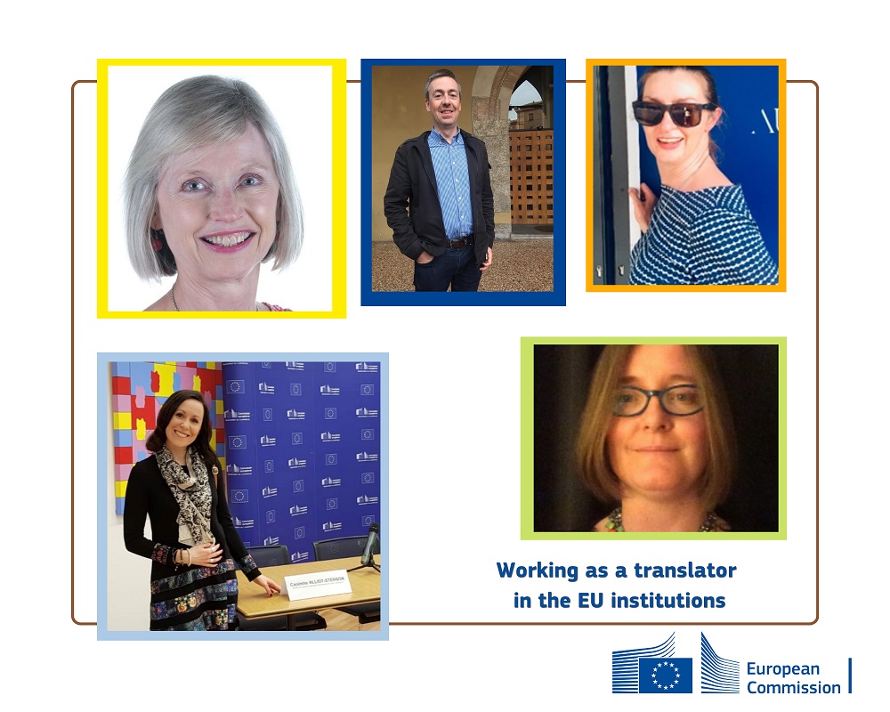 Image with photos of 5 translators working in the EU institutions and text "Working as a translator in the EU institutions".