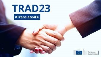 Image of two hands shaking with text: "Trad 23, #Translate4EU"