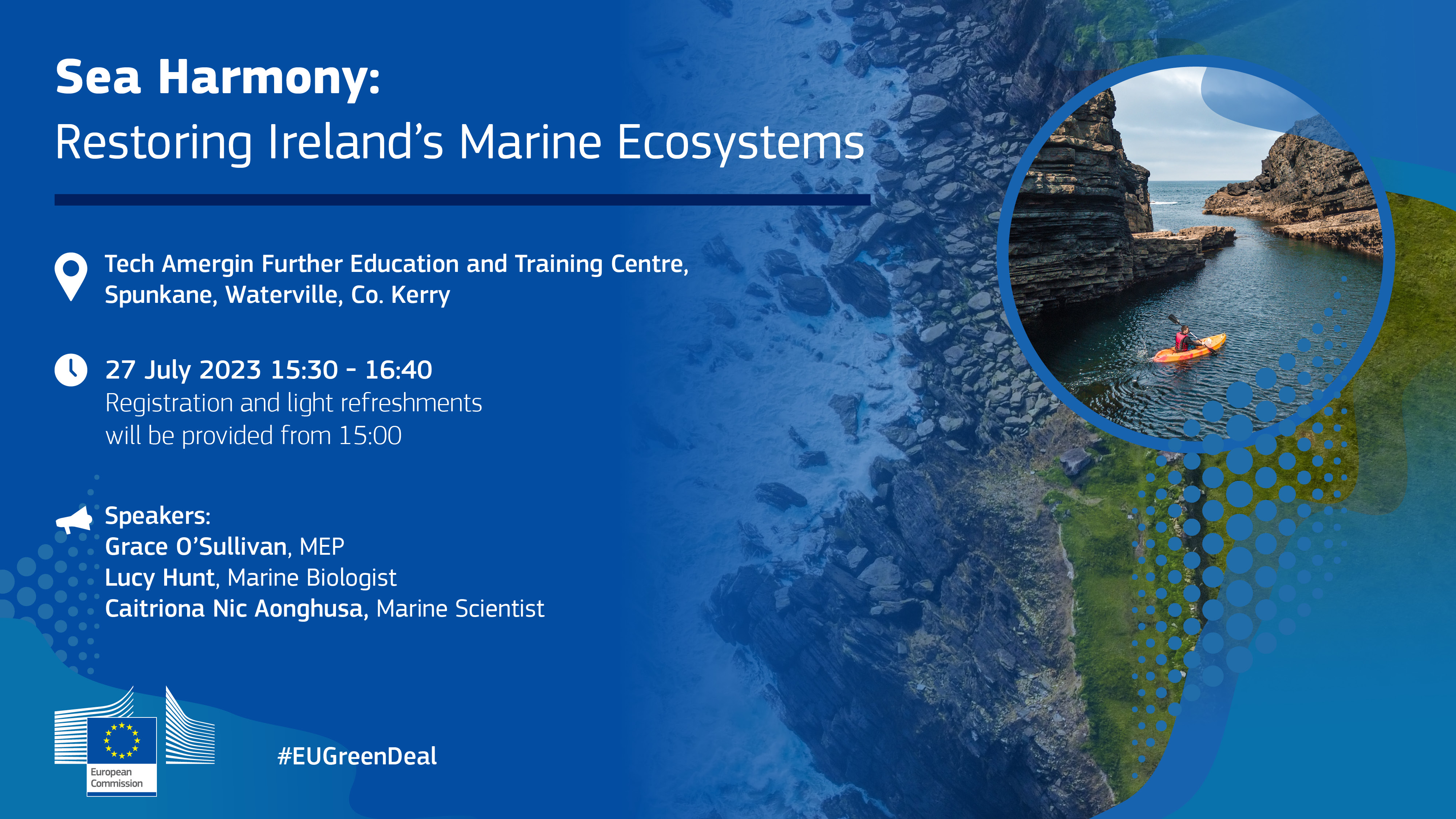 Visual with image of of kayaker and text: Sea Harmony: Restoring Ireland' marine ecosystems followed by details of the venue and speakers 