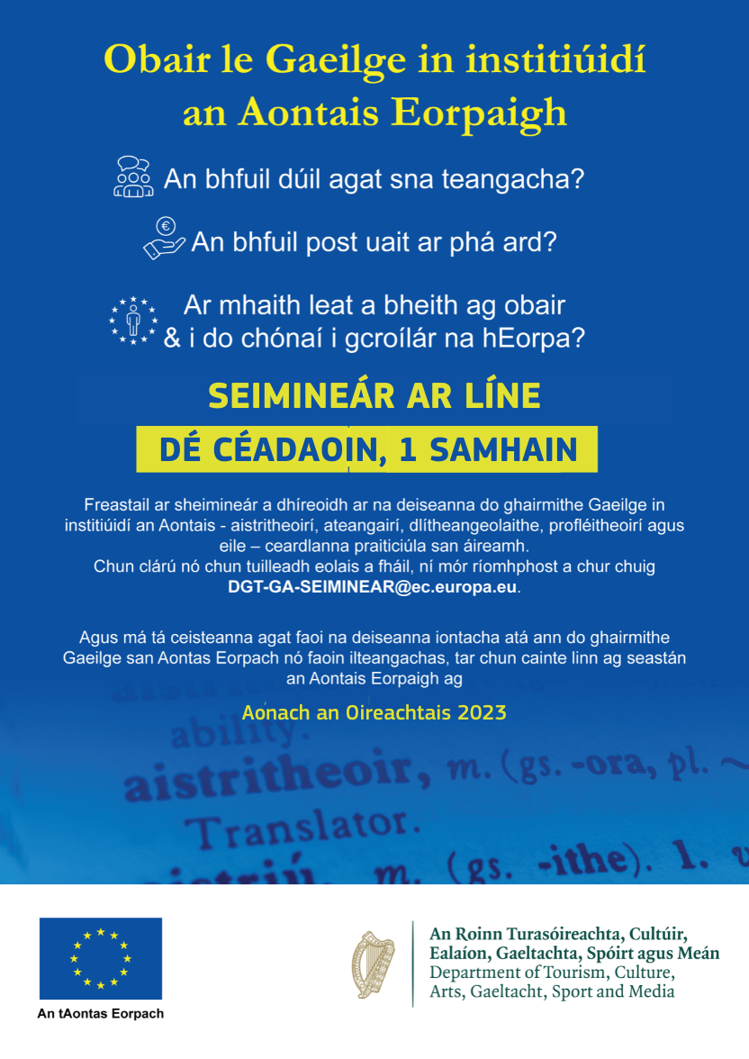 Poster advertising A virtual seminar and workshops: Employment opportunities in the EU for people with Irish