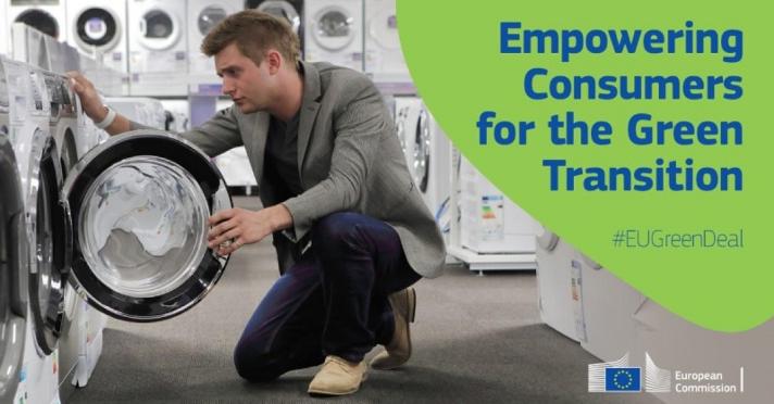 Image of man looking at washing machine with text "empowering consumers for the green transition"