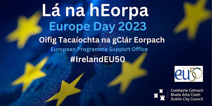 Visual with details of Dublin City Council's Europe Day conference 2023 with EU flag in the background