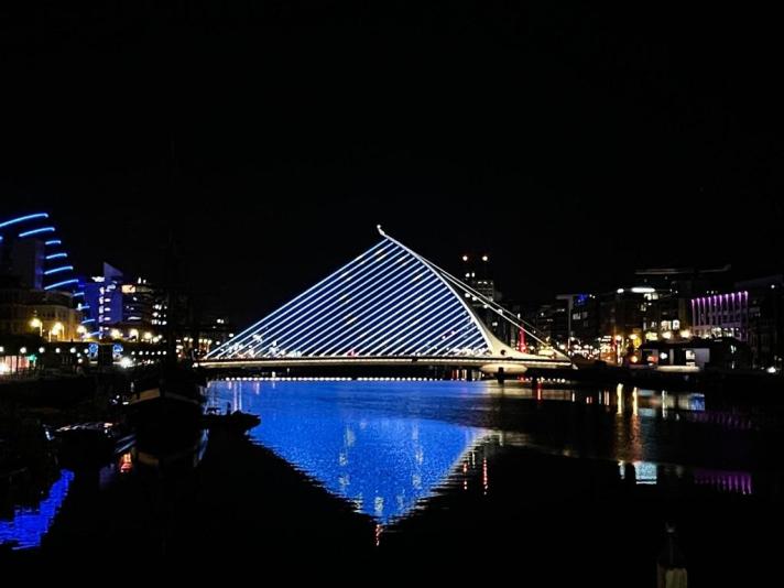 The Samuel Beckett bridge lit up with the EU flag to celebrate Europe Day 2023