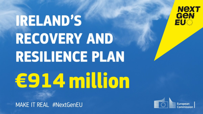 Visual with text "Ireland's Recovery and Resilience Plan - €914 million #NextGenEU