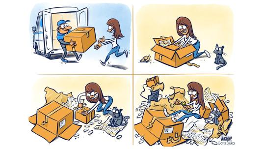 Cartoon showing woman trying to unpack a package with several layers of packaging