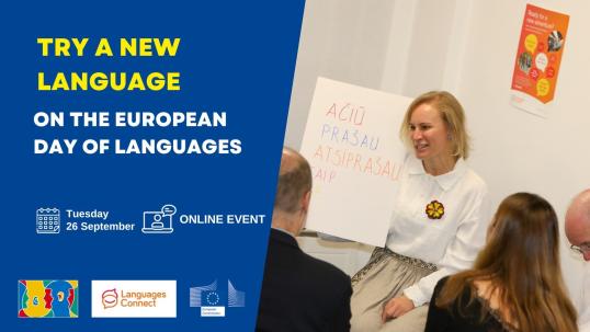 European Day of Languages 2023 promo image with photo of past event and text: Try a new language on the European Day of Languages, Tuesday 26 September, Online event