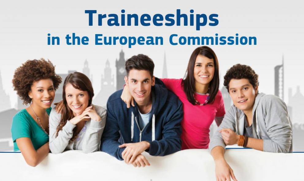 Image of 5 trainees with text "Traineeships in the European Commission"