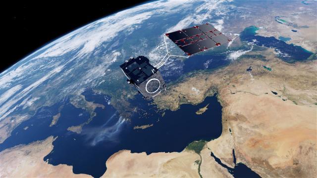 Image of satellites in space overlooking Europe