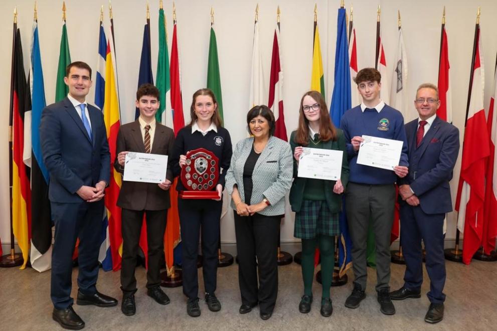 The winners of the 2022 Aistritheoirí Óga competition with Minister Jack Chambers, Barbara Nolan and Seán Hade