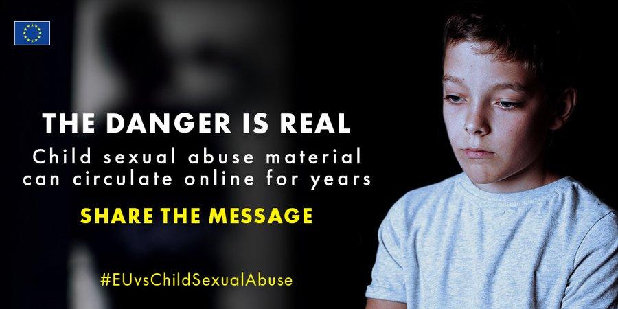 Imate of child with text: The danger is real: Child sexual abuse material can circulate online for years. Share the message.