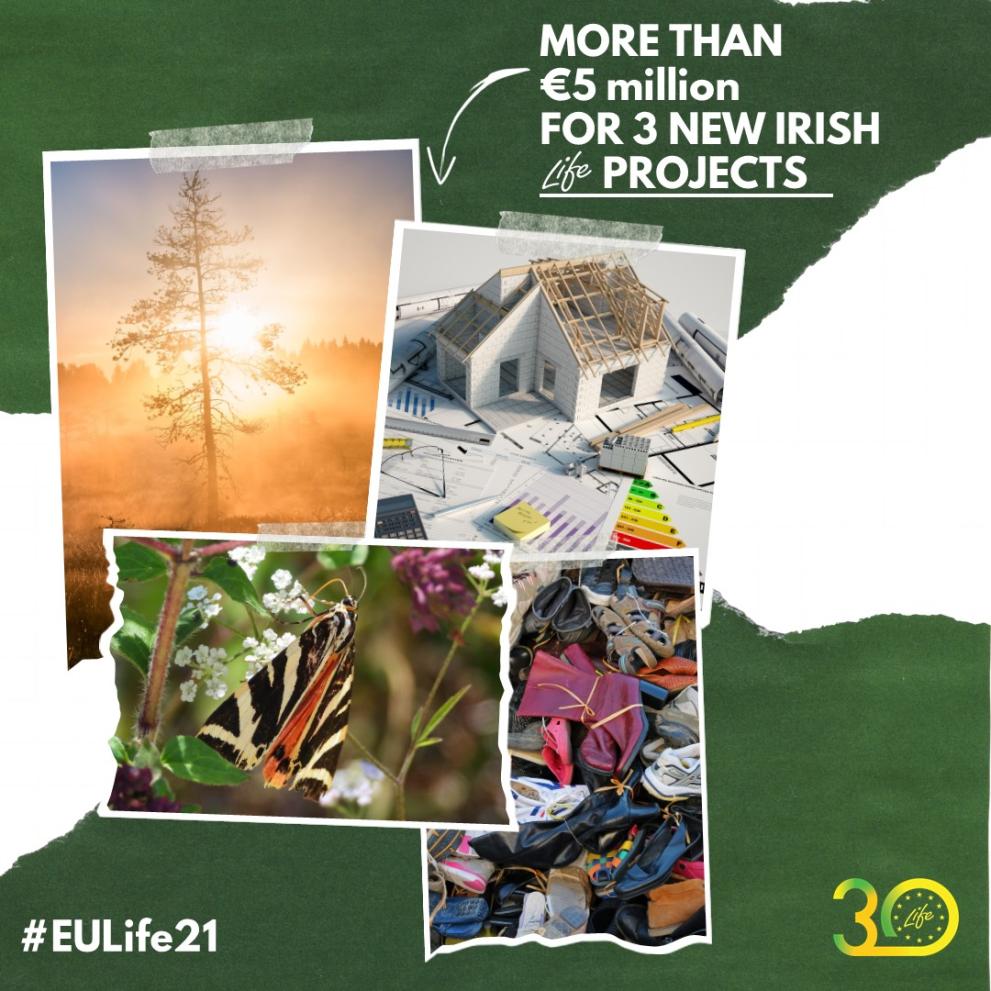 Visual with environmental images and text: More than €5 million for new Irish LIFE projects