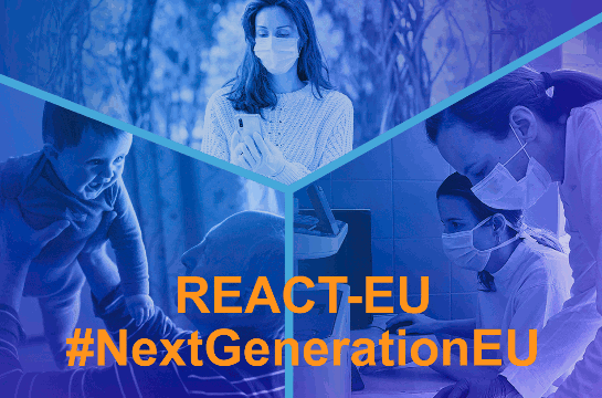 Visual with 3 images (women holding mobile phone, man holding baby and healthcare staff) with text: React-EU, #NextGenerationEU