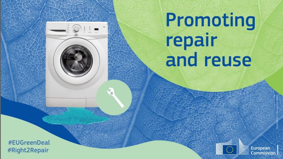 Image showing a leaking washing machine with text: promoting repair and reuse and hashtags #EUGreenDeal and #Right2Repair