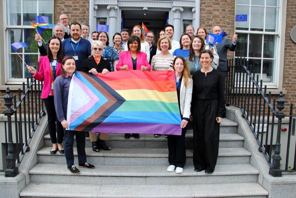 Staff from the Commission Representation and the European Parliament Liaison Office in Ireland with the rainbow flag