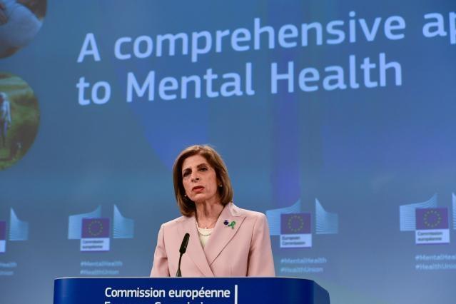 EU Health Commissioner Stella Kyriakides addressing the press conference on a global approach in terms of mental health.