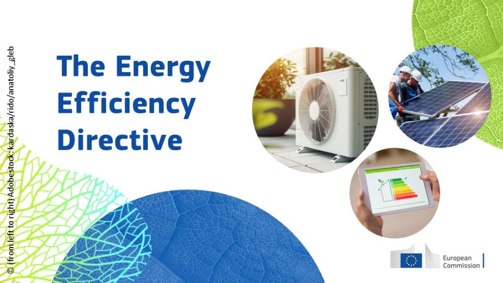 Visual with three small images showing an air conditioning unit, men installing solar panels and an image of energy labels with text: The Energy Efficiency Directive
