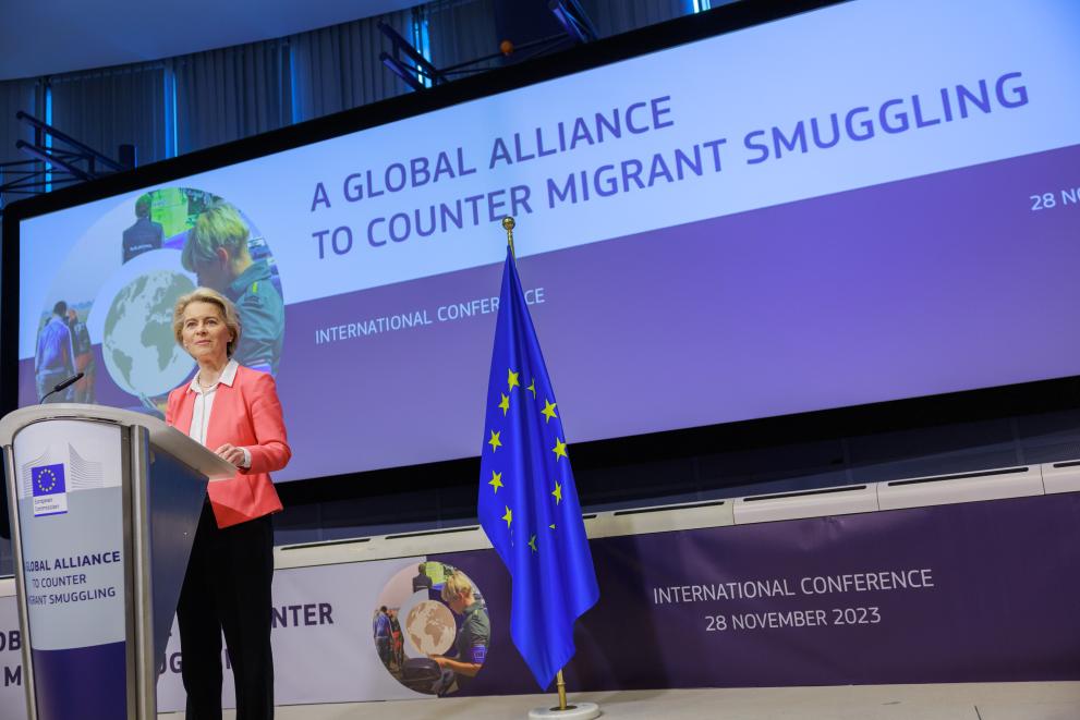 President von der Leyen delivering the keynote speech at the International Conference on a Global Alliance to Counter Smuggling