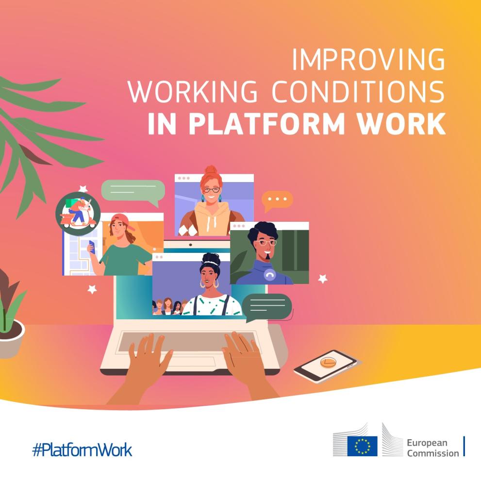 Platform work - Visual with illustrations of different types of platform workers and text: Improving the working conditions in platform work