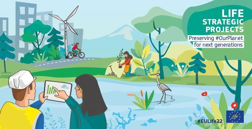 Image with drawings of a man and woman against a background of trees, plants and water with a windmill in the background and text: Life Strategic Projects Preserving #OurPlanet for future generations