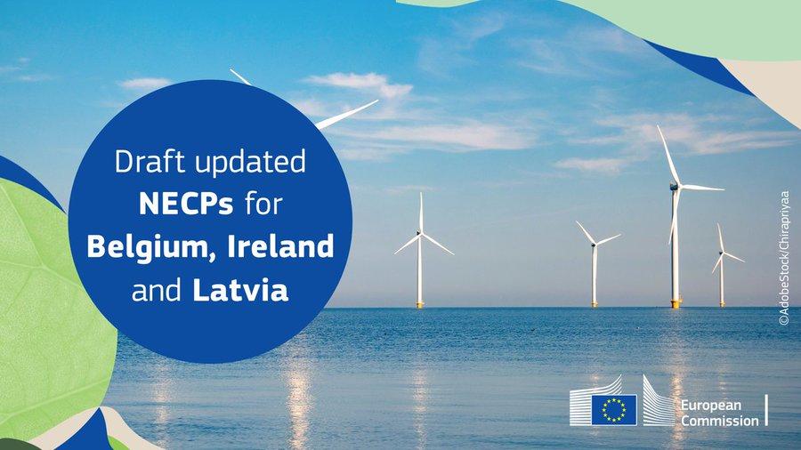 Visual showing marine wind mills with text: Draft updated NECPs for Belgium, Ireland and Latvia