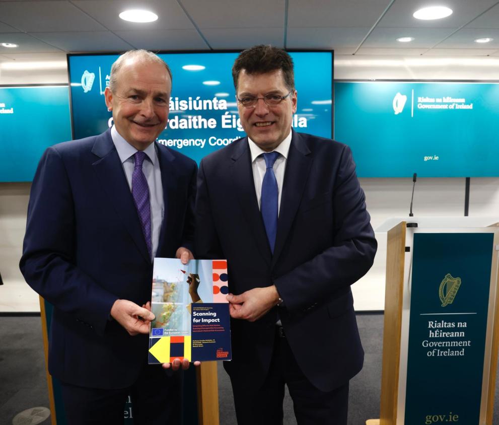 Commissioner for Crisis management Janez Lenarčič with the Tánaiste and the Minister for Foreign Affairs and Defence, Micheál Martin, at the launch of the FUTUREPROOF-IE project report 
