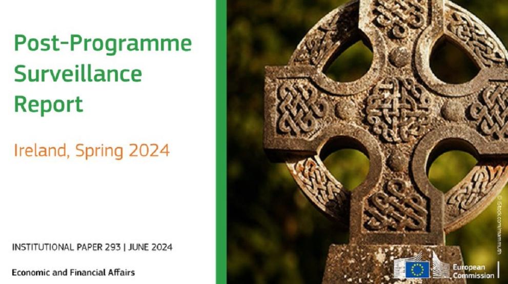 Image of the cover of the report depicting a Celtic cross with text: Post Programme Surveillance report for Ireland (Spring 2024)
