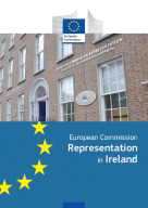 Cover of the European Commission Representation in Ireland brochure with images of the EU flag and of Europe House in Lr Mount St, Dublin
