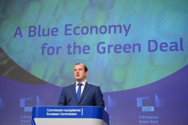 Commissioner for Environment, Oceans and Fisheries Virginijus Sinkevičius at the press conference on the EU's sustainable blue economy