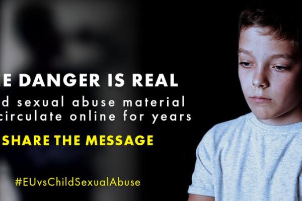 Imate of child with text: The danger is real: Child sexual abuse material can circulate online for years. Share the message.