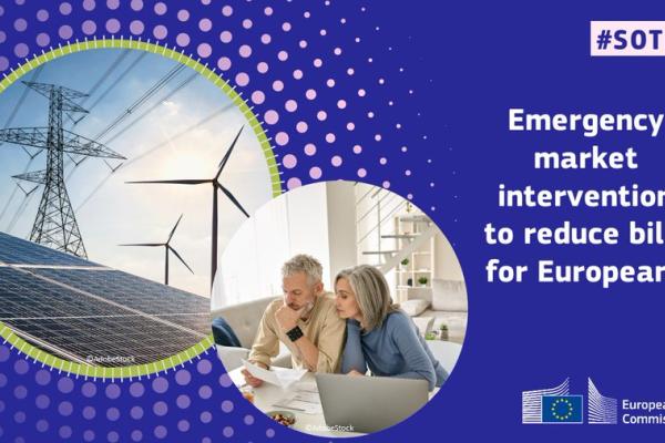 Visual with images of energy generation and couple checking energy bill with text: Emergency market intervention to reduce bills for Europeans