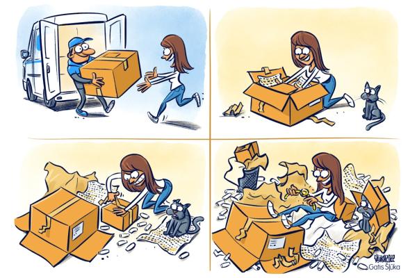 Packaging waste - cartoon of girl with cat unpacking a large number of delivery boxes to finally reveal a small item