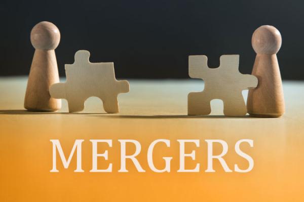 Image showing two chess pawns and two jigsaw pieces with the text "Mergers" underneath