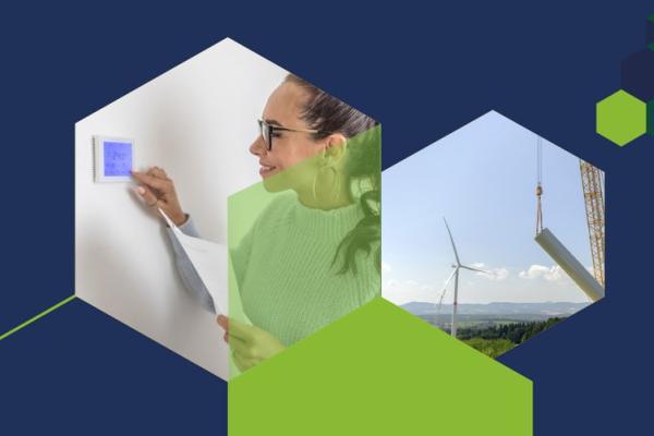 Visual with images of a girl changing an electricity meter and of an offshore windfarm