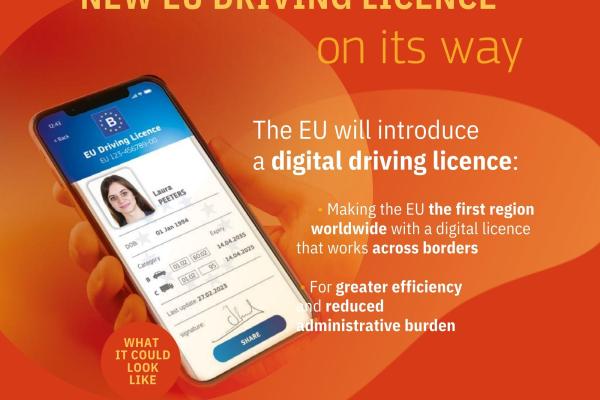 Image of digital driving licence with text: The EU will introduce a digital driving licence: making the EU the first region worldwide with a digital licence that works across borders. For greater efficiency and reduced administrative burden.Image of digital driving licence with text: The EU will introduce a digital driving licence: making the EU the first region worldwide with a digital licence that works across borders. For greater efficiency and reduced administrative burden.