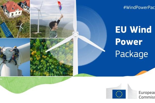 Visuals with images of solar and wind energy and text "EU Wind Power Package"