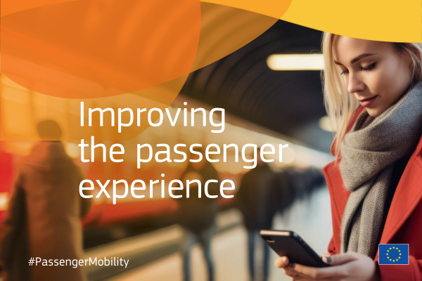 Image of rail passenger checking their phone with text "Improving the passenger experience"