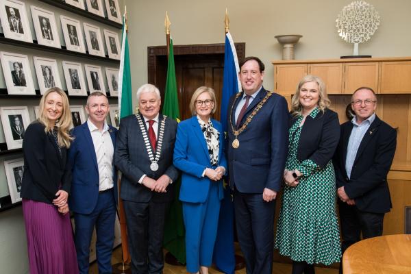 Left to right: Dr Ruth Freeman, Mr Donal Sheehan, Cllr Frank O'Flynn, Mayor of the County of Cork, EU Commissioner Mairead McGuinness, Cllr Kieran McCarthy, Lord Mayor of Cork City, Noelle O'Connell, CEO of the European Movement Ireland and David Kelly, Director of the Southern Regional Assembly