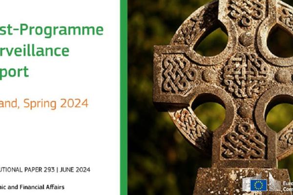 Image of the cover of the report depicting a Celtic cross with text: Post Programme Surveillance report for Ireland (Spring 2024)