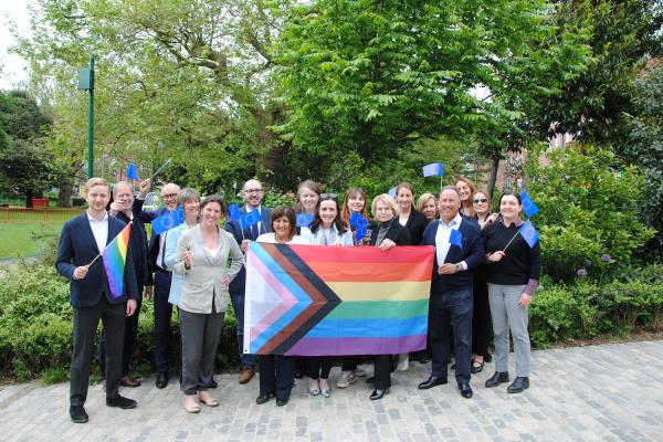Staff from the Commission Representation in Ireland and the European Parliament Liaison Office in Ireland holding the Progress Pride flag