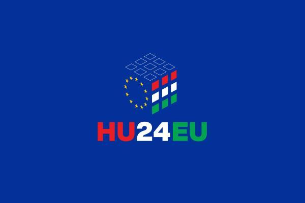 Logo of the Hungarian Presidency of the Council of the EU featuring a bluebackground with images of the EU and Hungarian flags and the text HU24EU